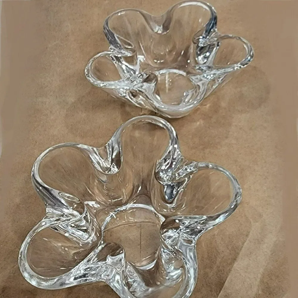 2 VTG Clear Tiffin Neodymium Flower 5 Lobe Heavy‎ Art Glass Bowl Candle Holder